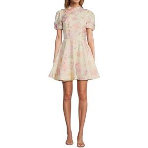 Antonio Melani Iris Linen 3D Floral Print Mockneck Short Sleeve Dress Ivory NWT